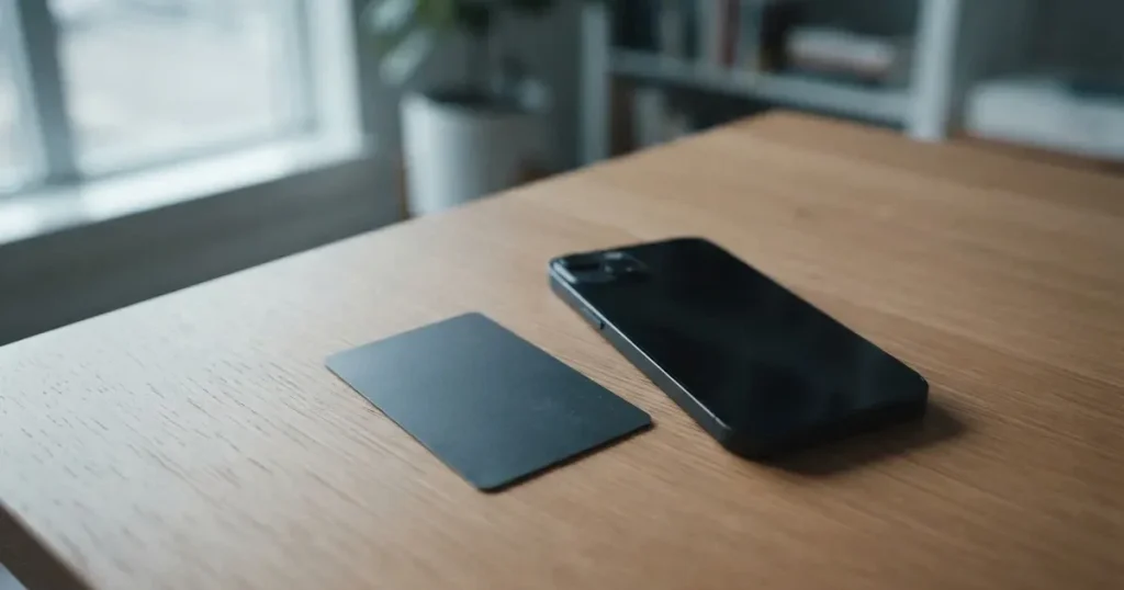 A payment card next to a phone with a crypto wallet app open