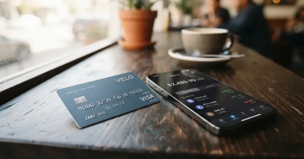 A payment card next to a phone with a crypto wallet app open