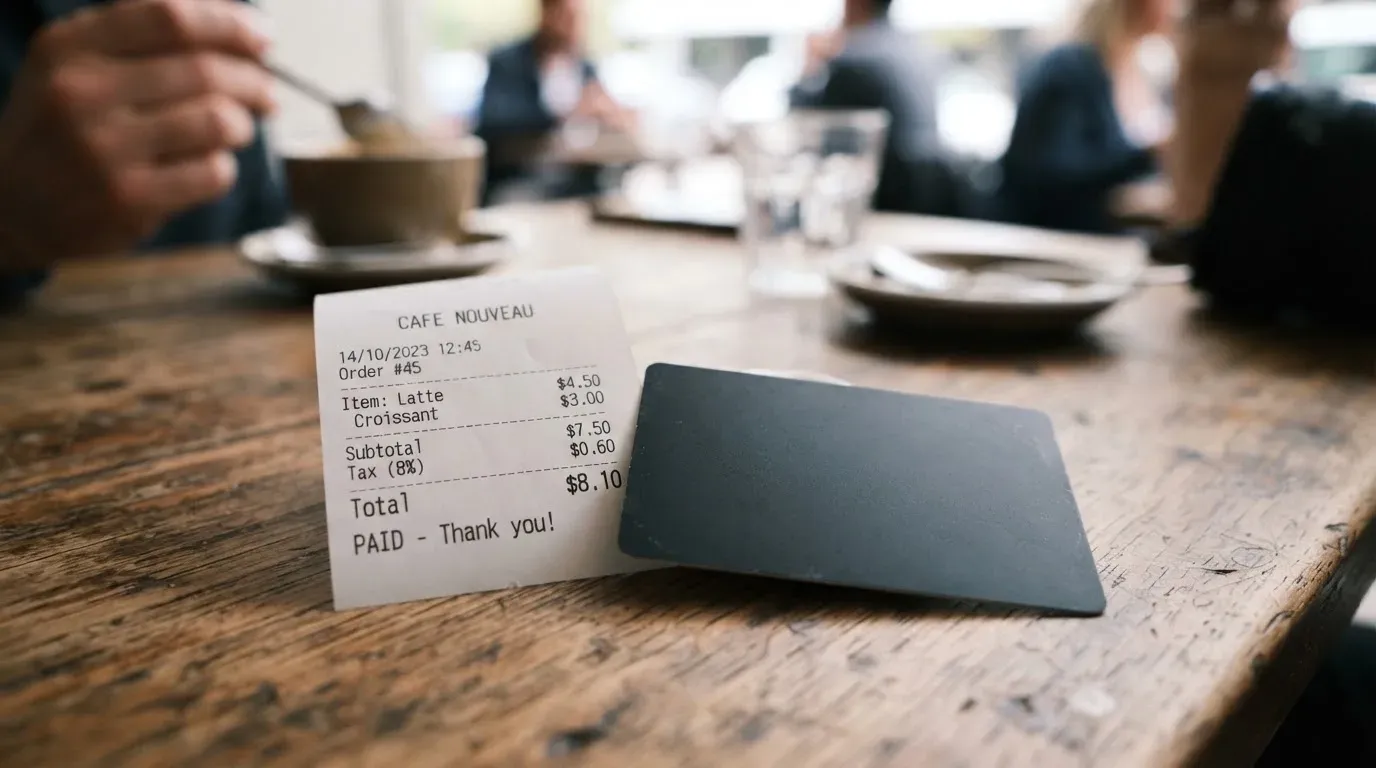A receipt and a card on a café table