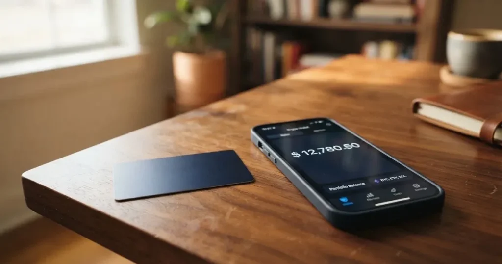 A payment card next to a phone with a crypto wallet app open