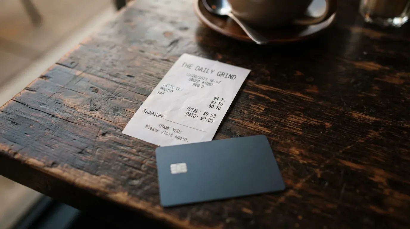 A receipt and a card on a café table