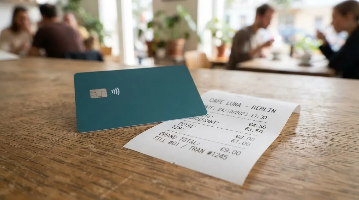 A receipt and a card on a café table