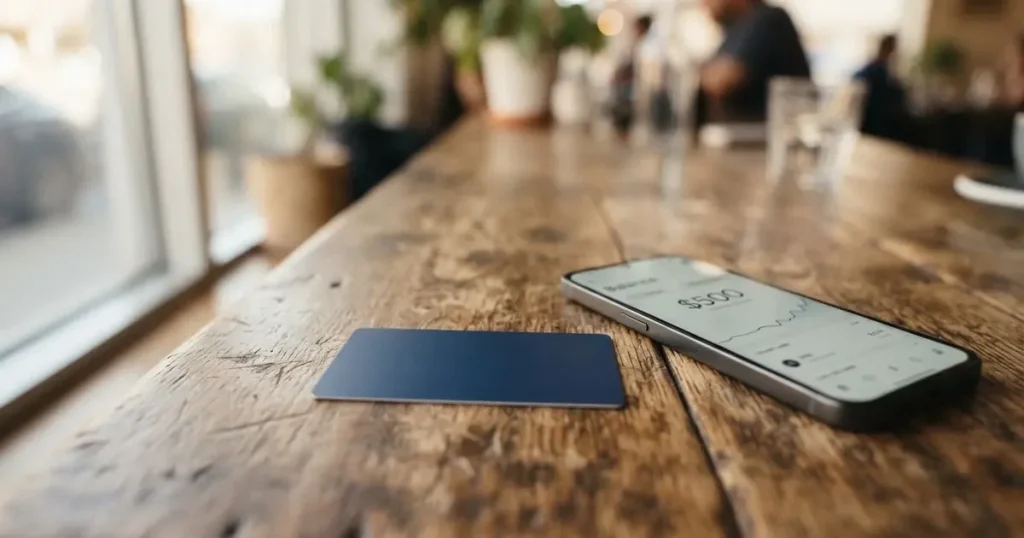 A payment card next to a phone with a crypto wallet app open