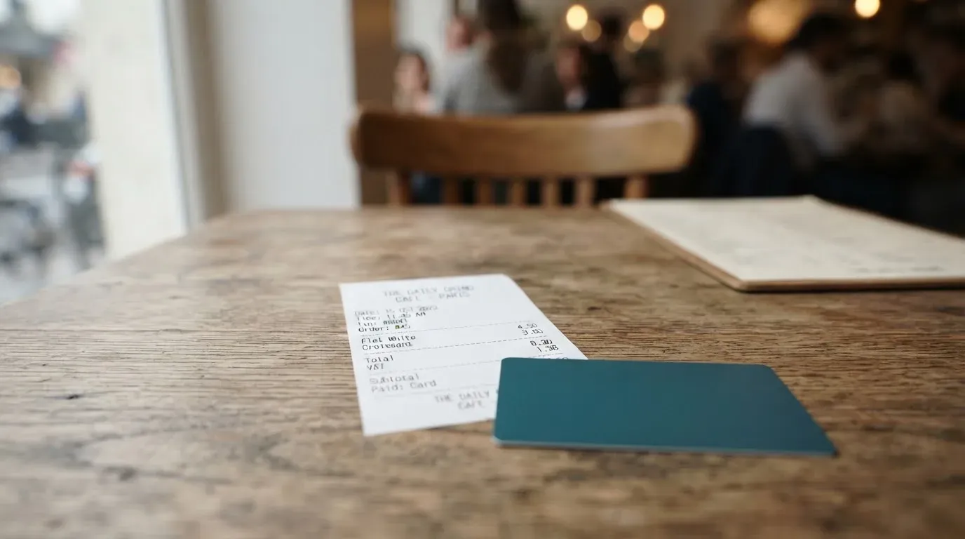 A receipt and a card on a café table