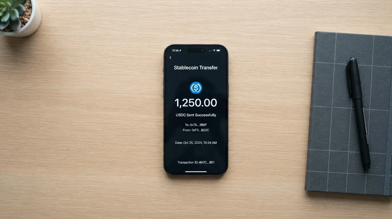 A phone showing a stablecoin transfer screen