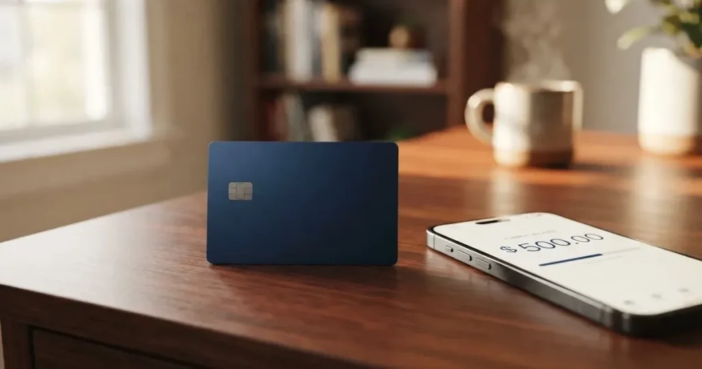 A payment card next to a phone with a crypto wallet app open