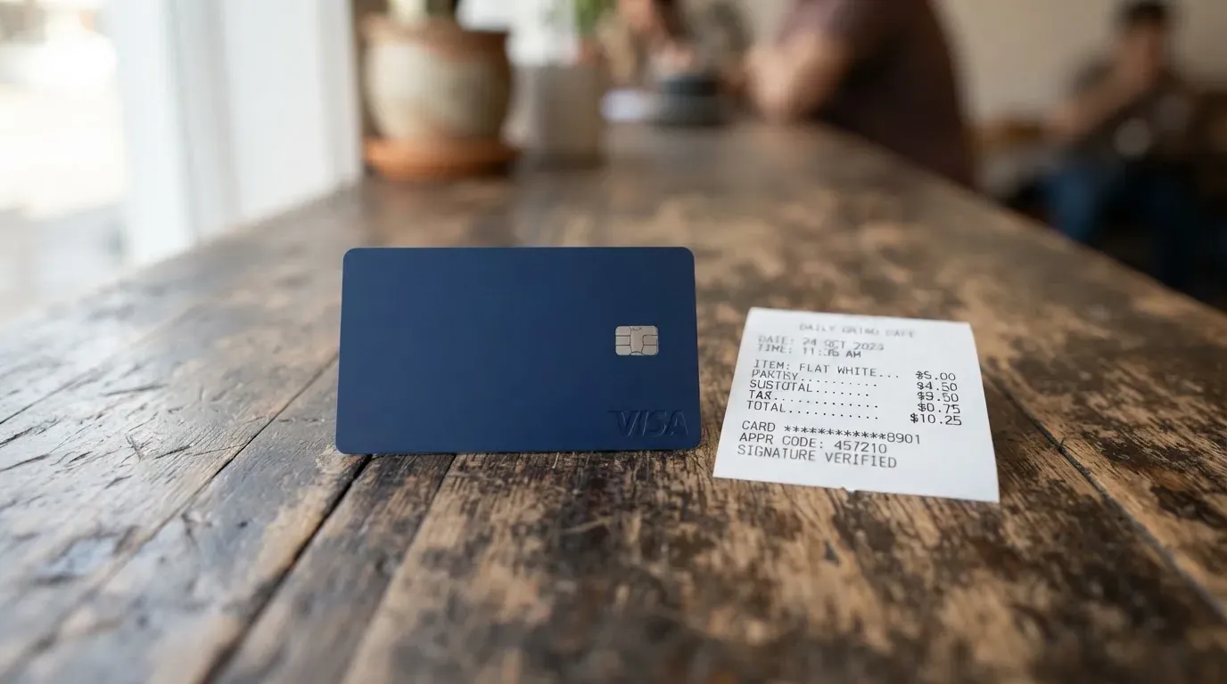 A receipt and a card on a café table