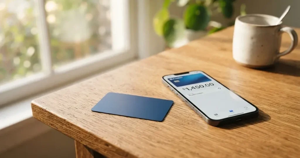 A payment card next to a phone with a crypto wallet app open