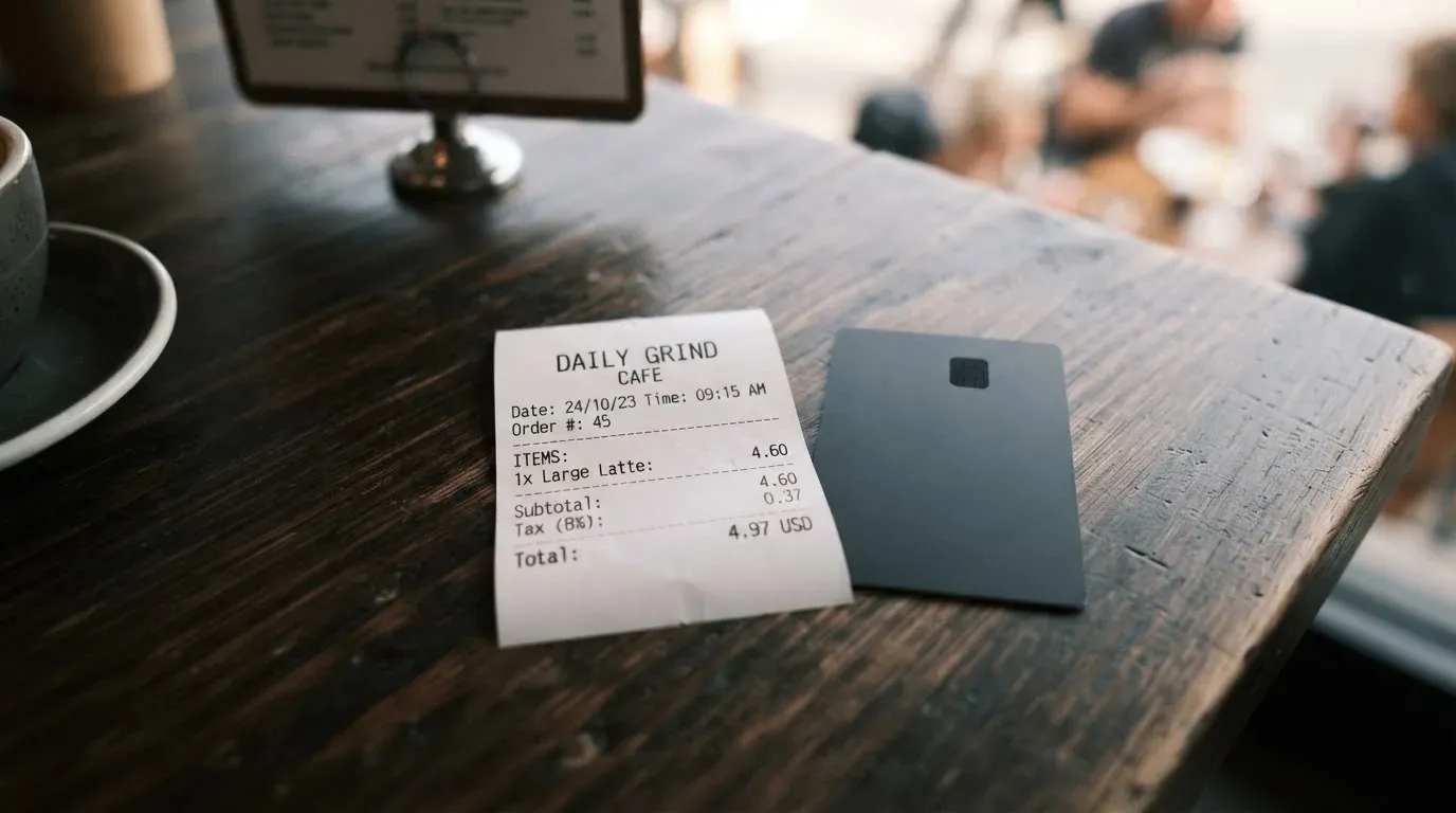 A receipt and a card on a café table