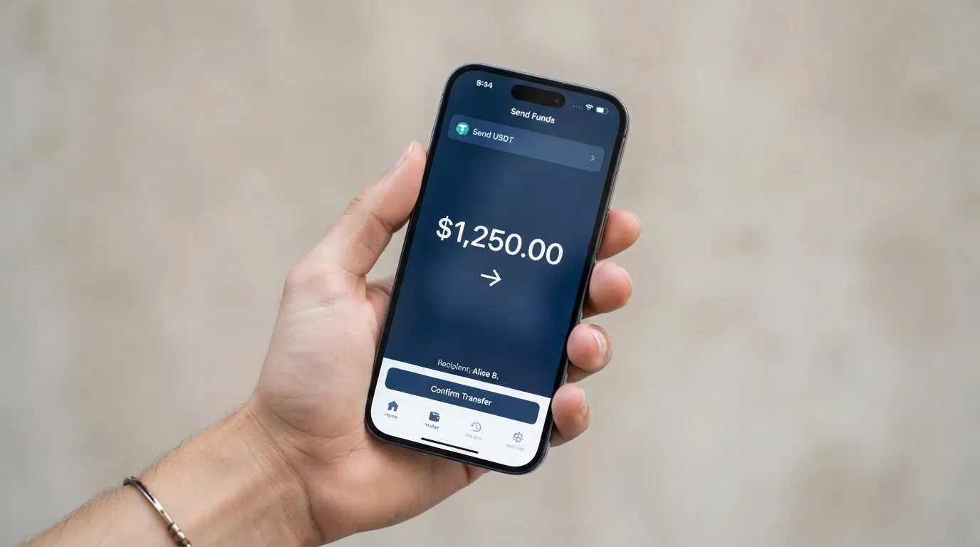 A phone showing a stablecoin transfer screen