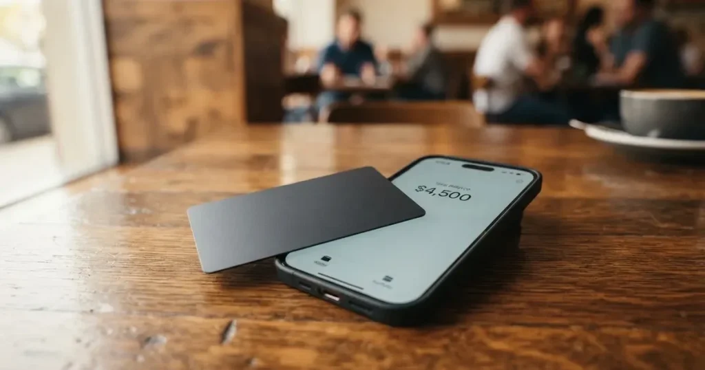 A payment card next to a phone with a crypto wallet app open