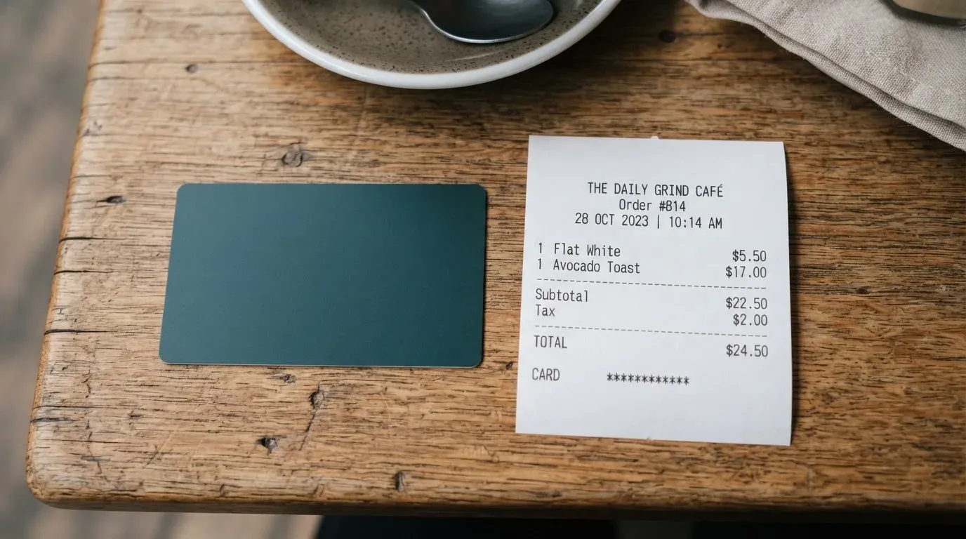 A receipt and a card on a café table