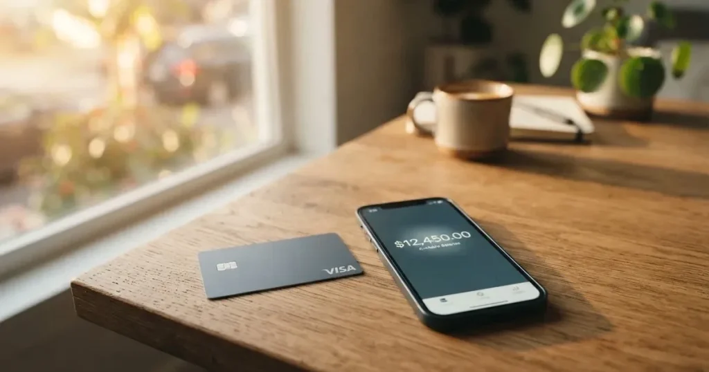 A payment card next to a phone with a crypto wallet app open