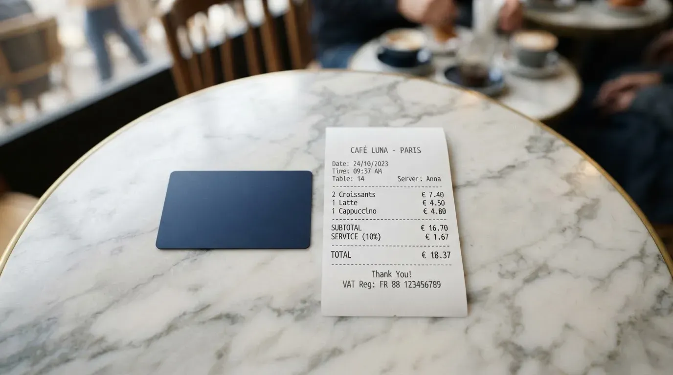A receipt and a card on a café table