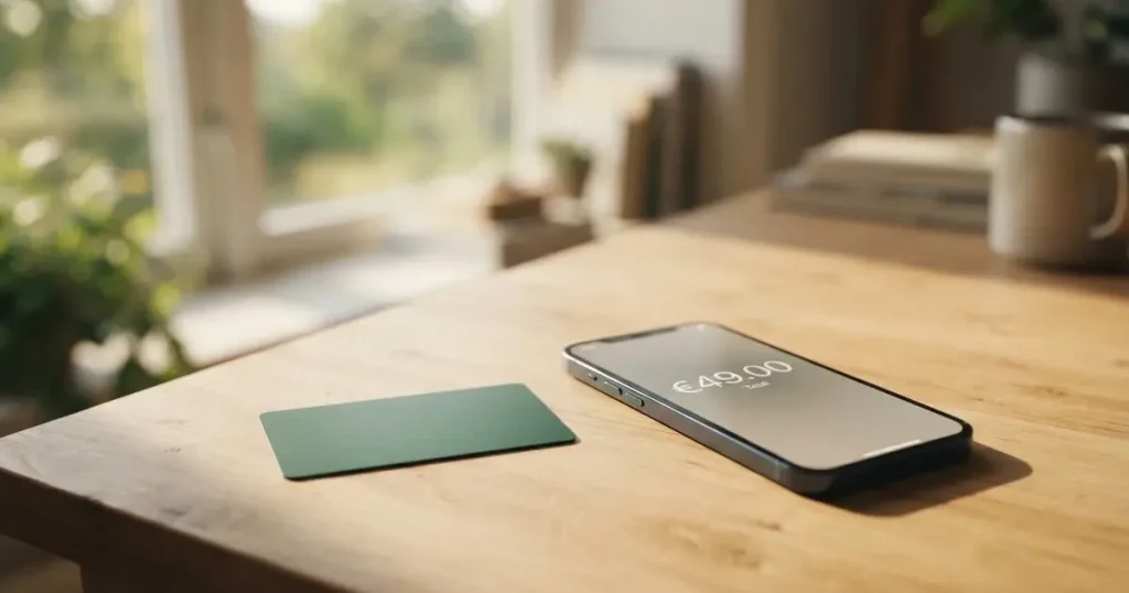 A payment card next to a phone with a crypto wallet app open
