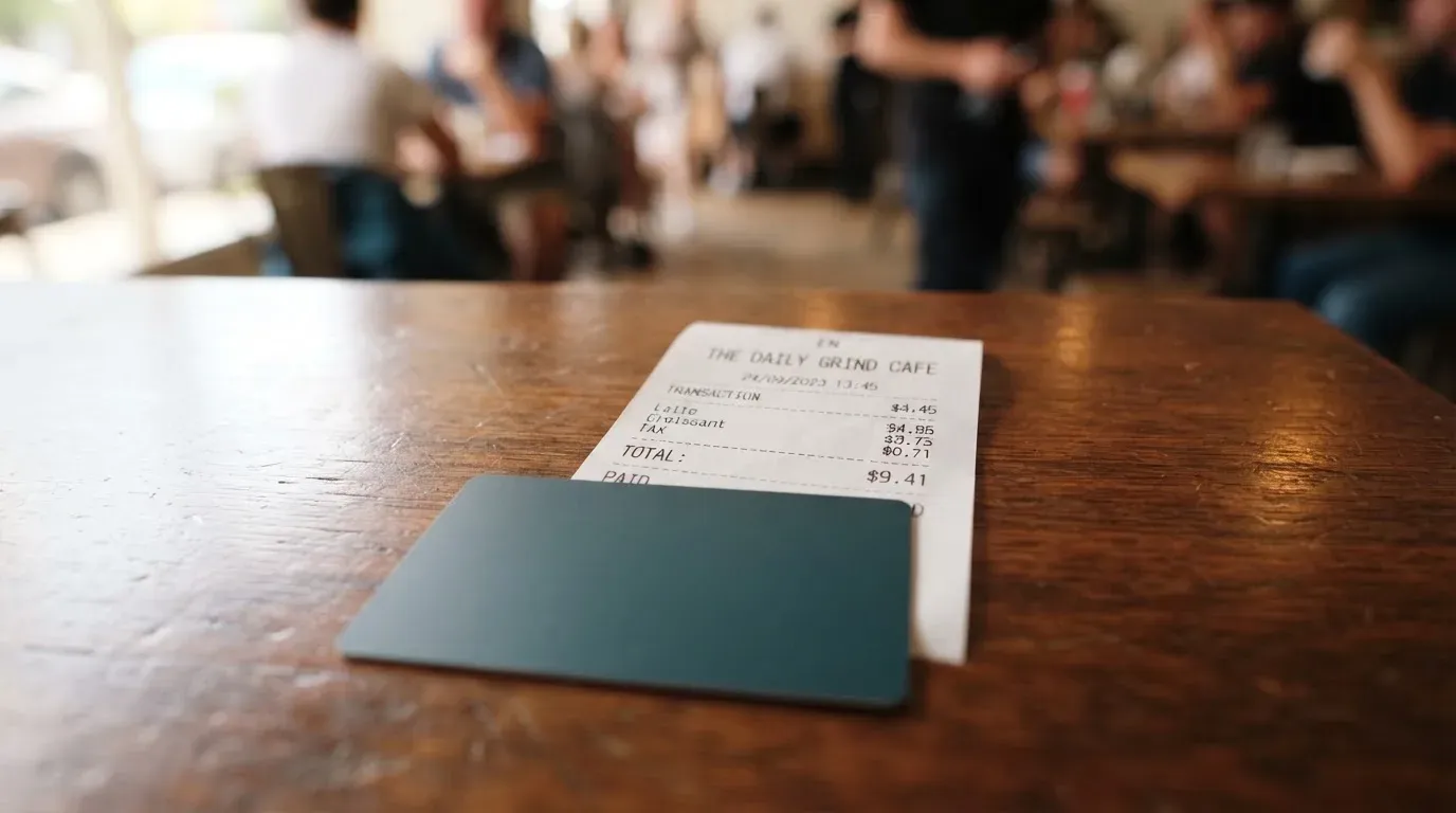A receipt and a card on a café table