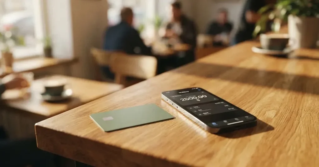 A payment card next to a phone with a crypto wallet app open
