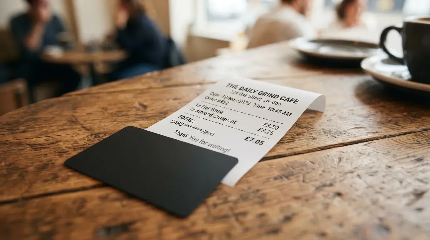 A receipt and a card on a café table