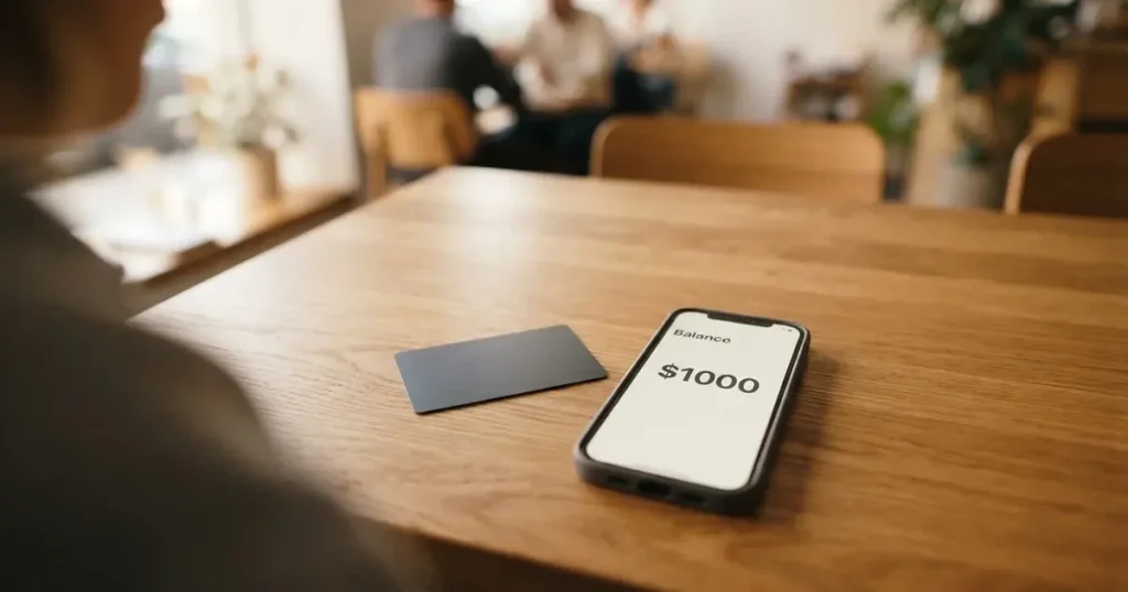 A payment card next to a phone with a crypto wallet app open