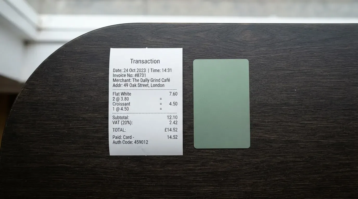 A receipt and a card on a café table