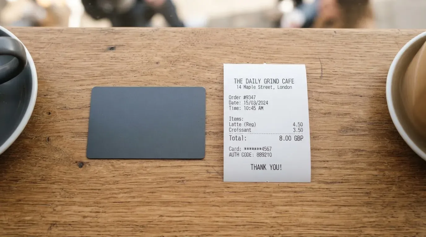 A receipt and a card on a café table