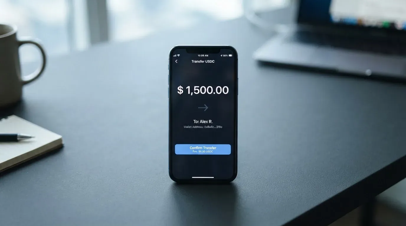 A phone showing a stablecoin transfer screen