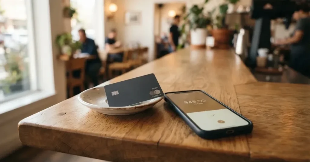 A payment card next to a phone with a crypto wallet app open
