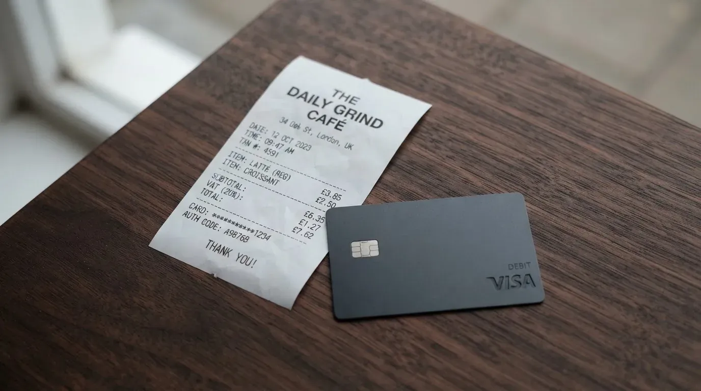 A receipt and a card on a café table