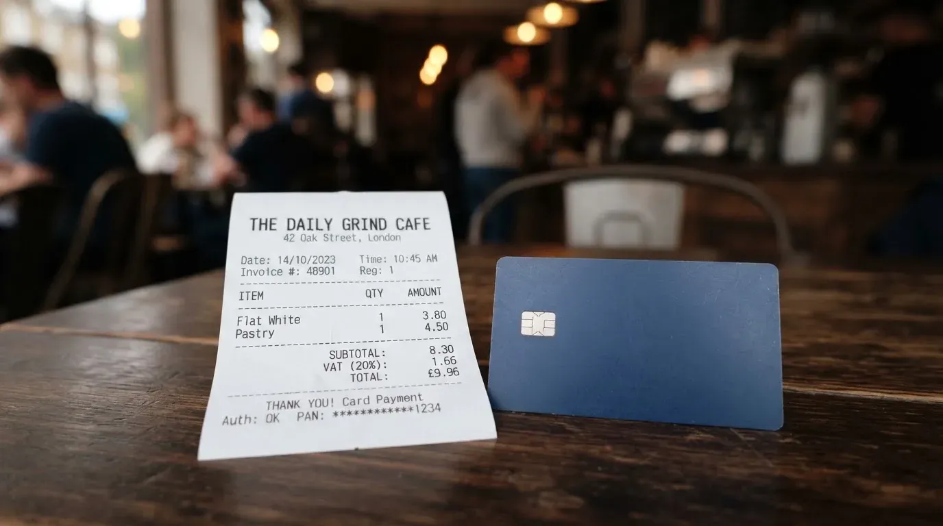 A receipt and a card on a café table