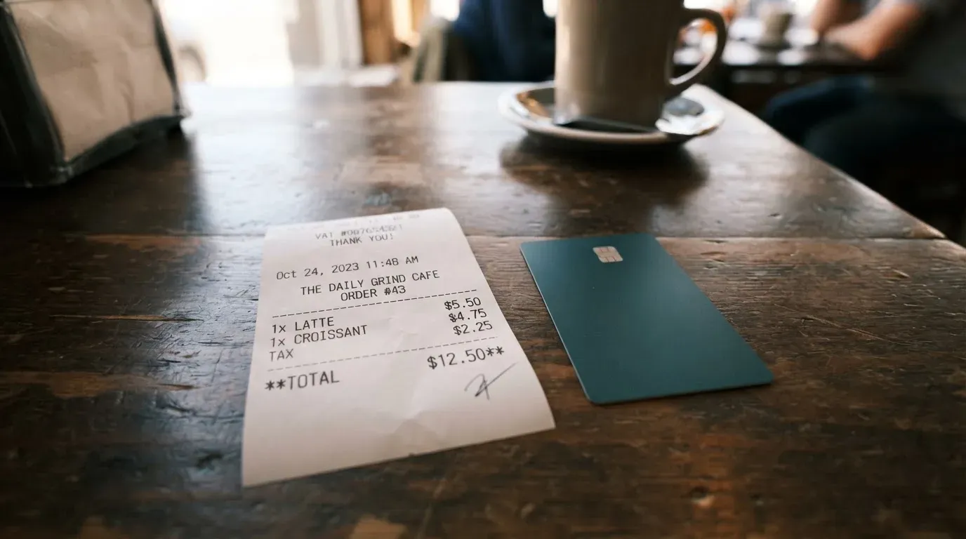 A receipt and a card on a café table
