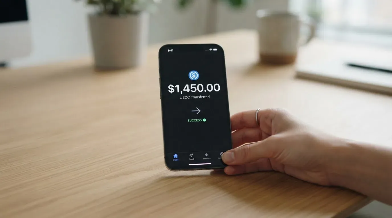 A phone showing a stablecoin transfer screen