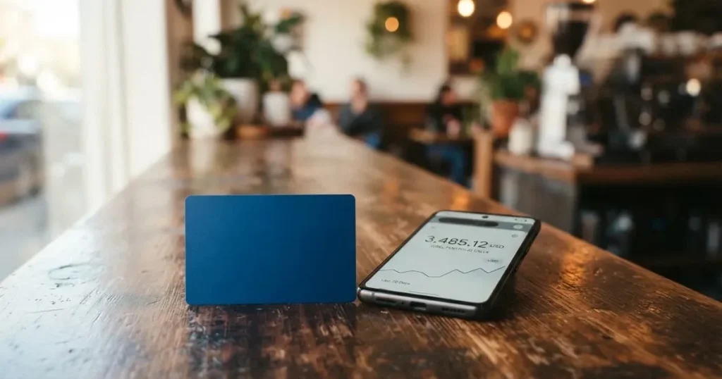 A payment card next to a phone with a crypto wallet app open