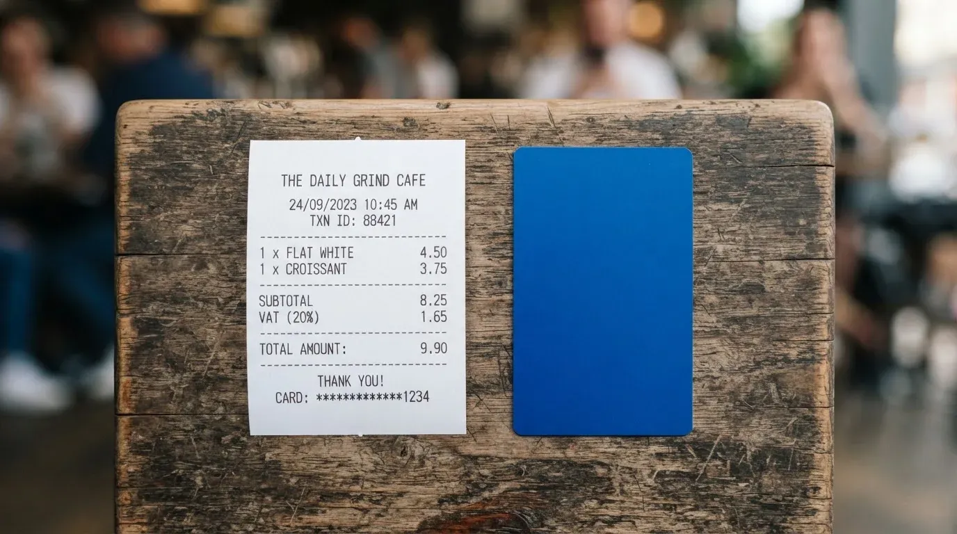 A receipt and a card on a café table