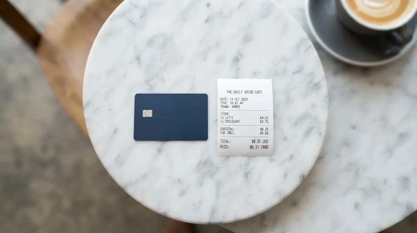 A receipt and a card on a café table