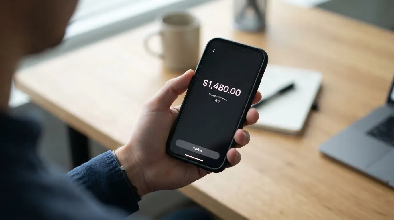 A phone showing a stablecoin transfer screen