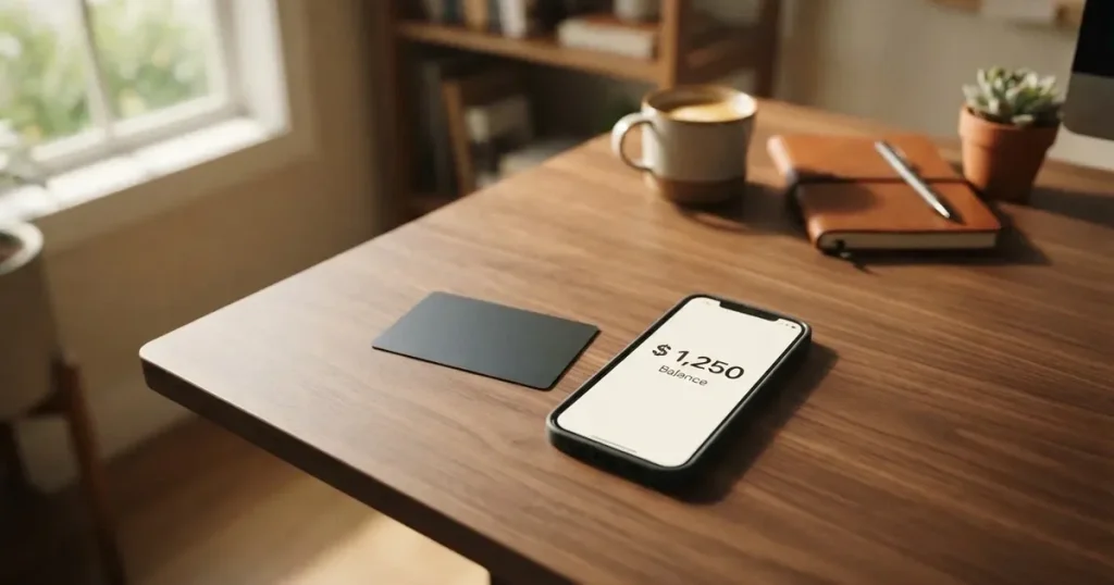 A payment card next to a phone with a crypto wallet app open