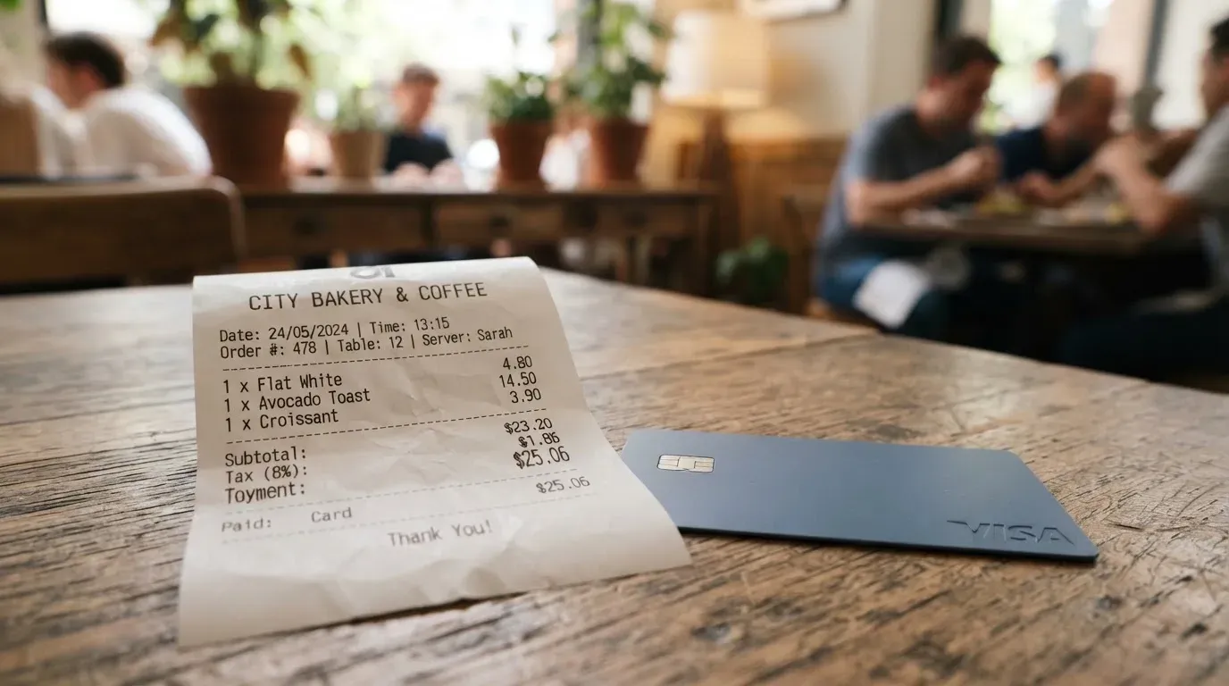 A receipt and a card on a café table