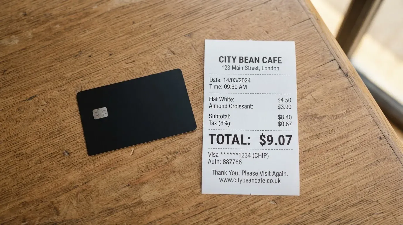 A receipt and a card on a café table