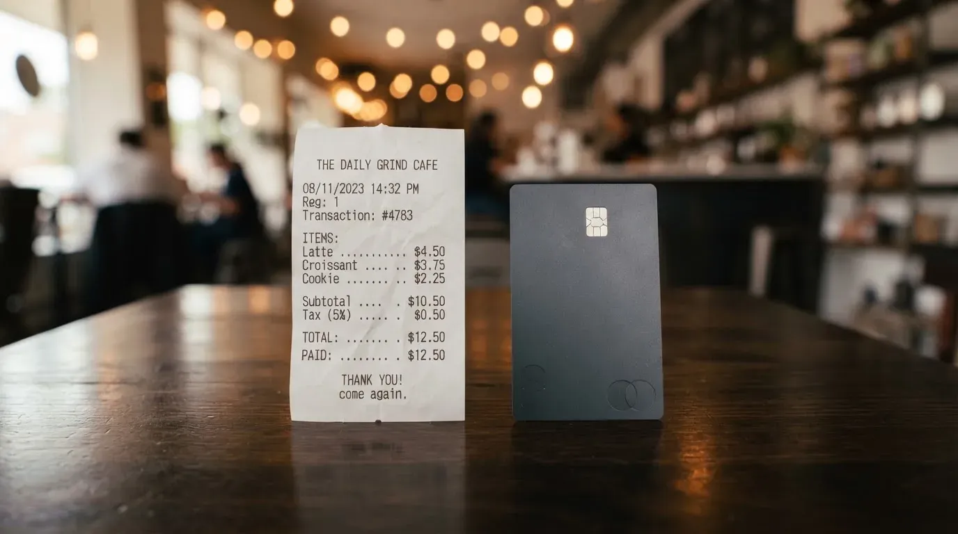 A receipt and a card on a café table