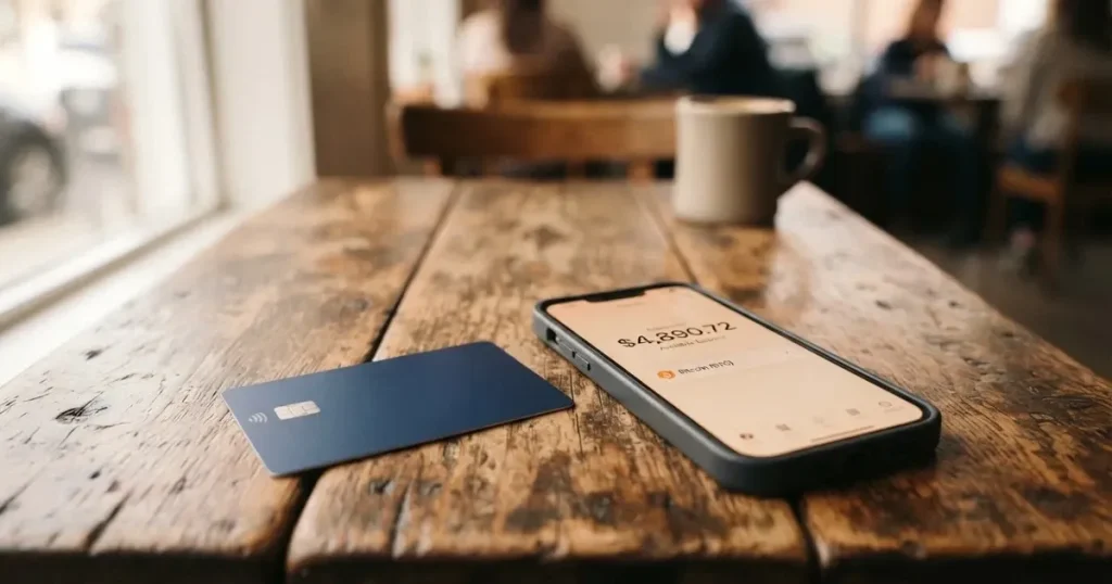A payment card next to a phone with a crypto wallet app open