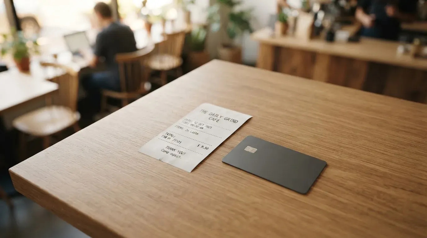 A receipt and a card on a café table