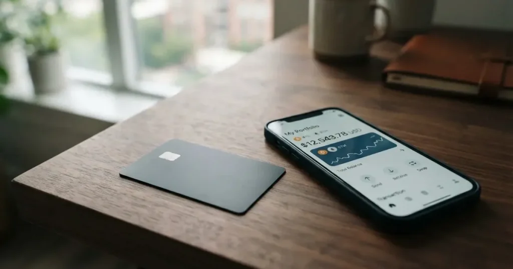 A payment card next to a phone with a crypto wallet app open