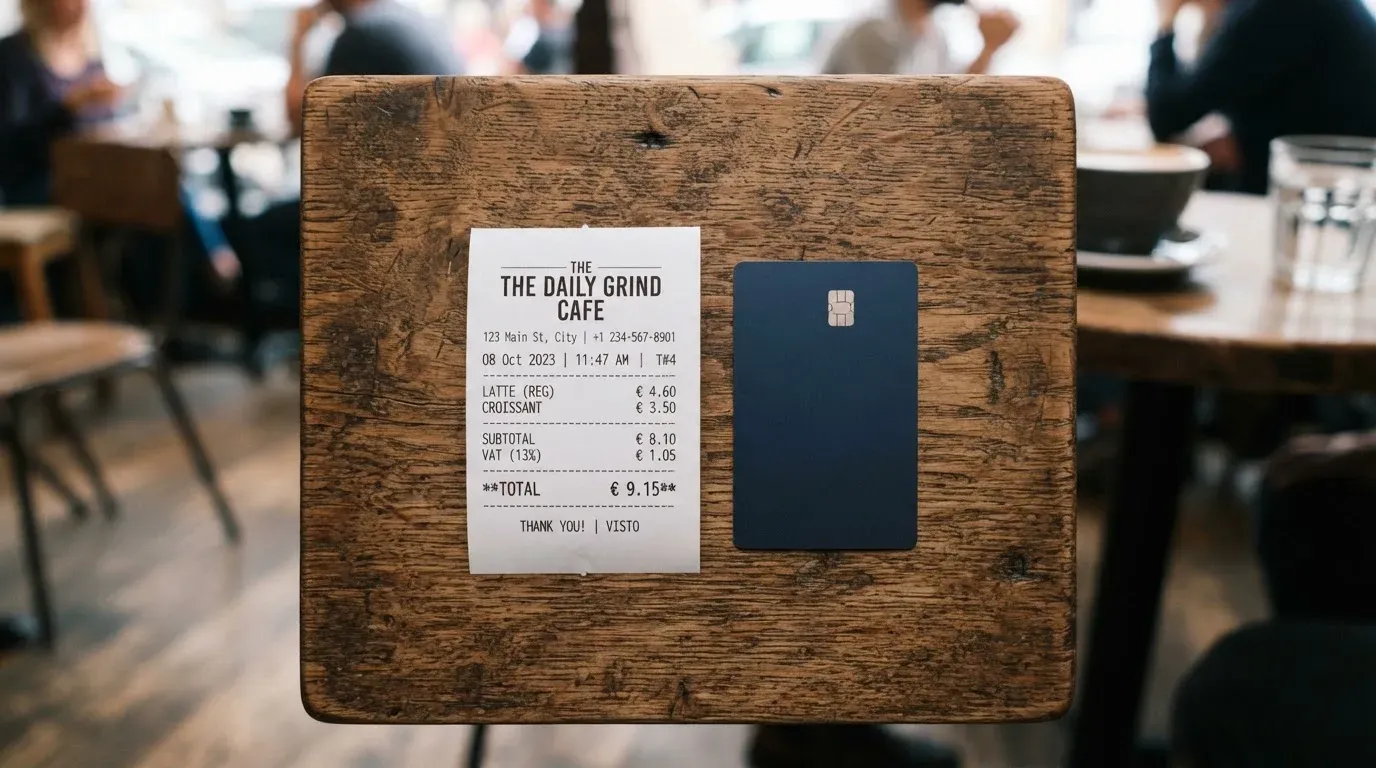 A receipt and a card on a café table
