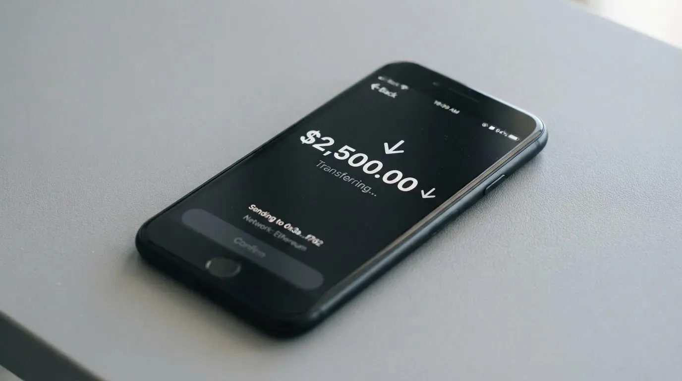 A phone showing a stablecoin transfer screen