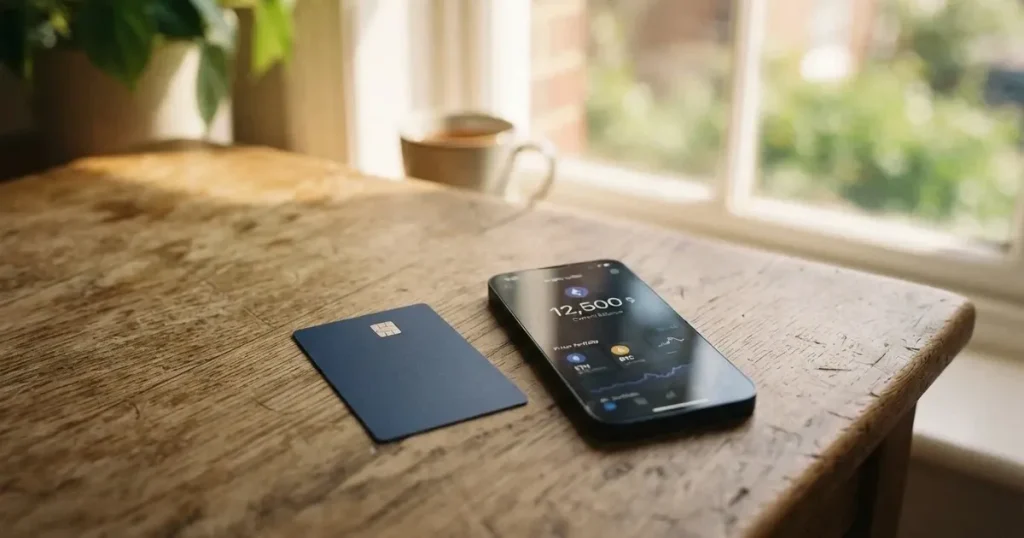 A payment card next to a phone with a crypto wallet app open