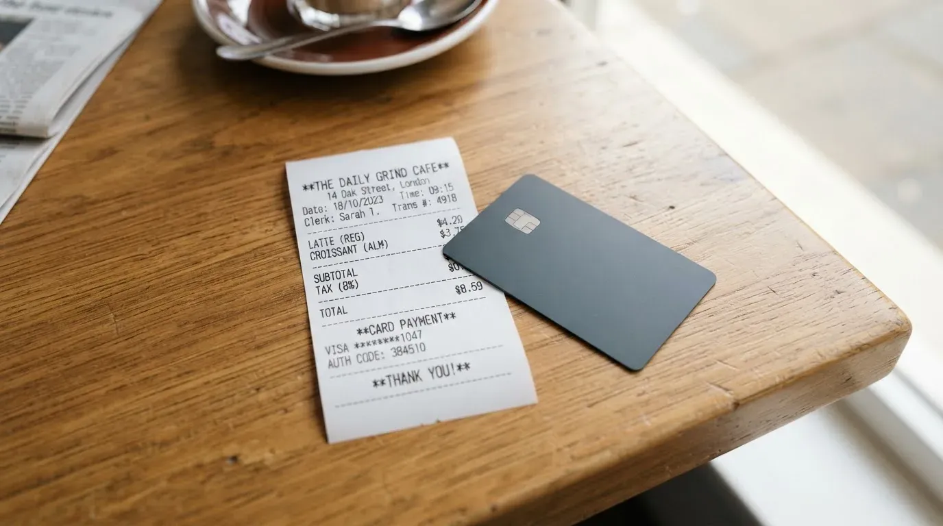 A receipt and a card on a café table