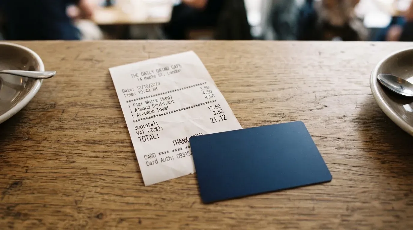 A receipt and a card on a café table