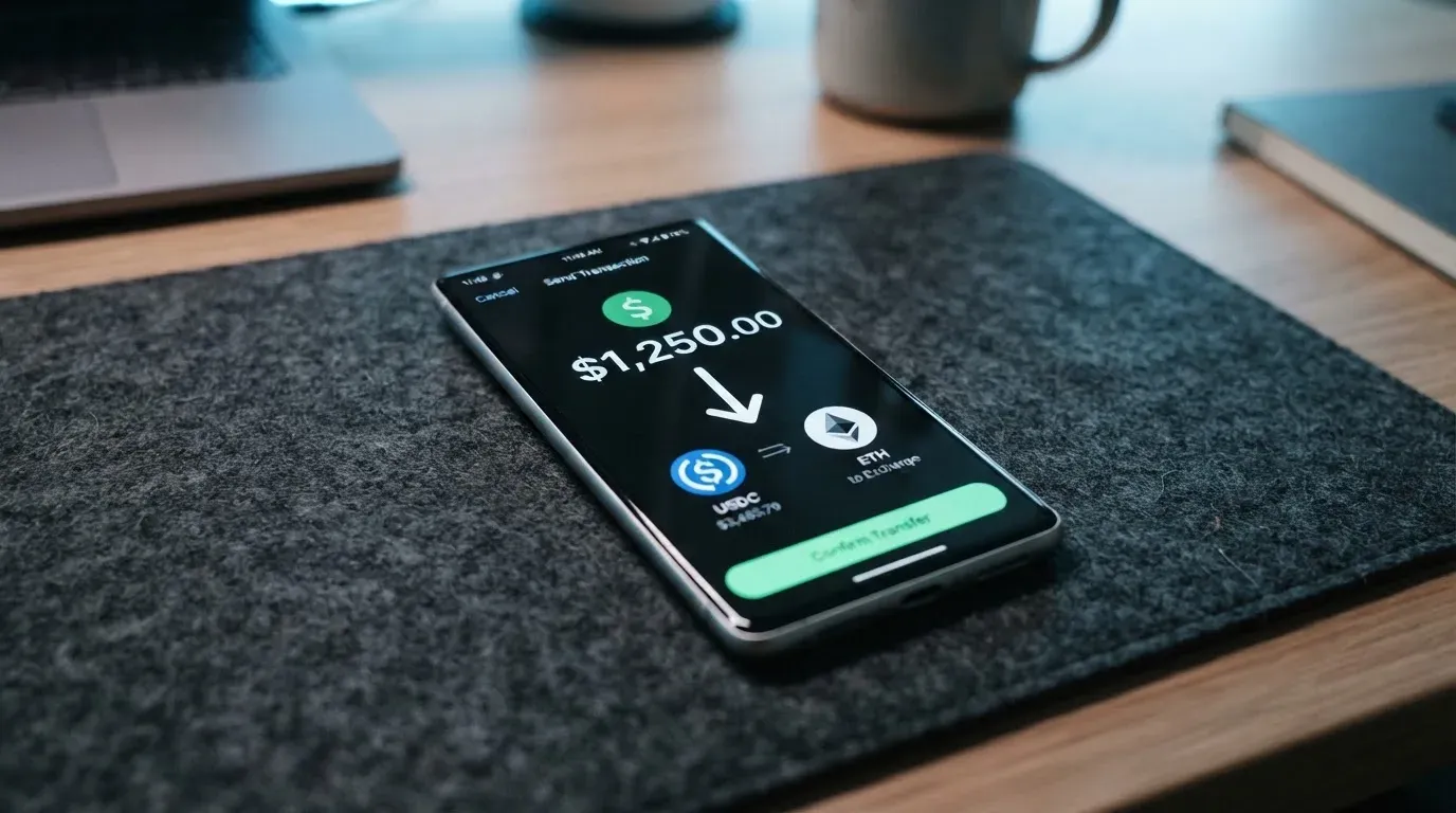A phone showing a stablecoin transfer screen