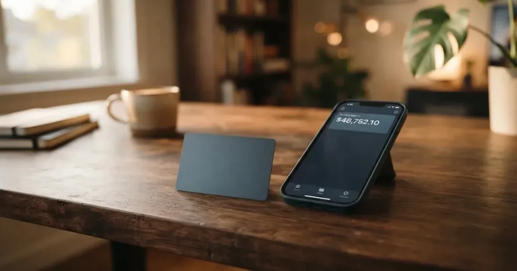 A payment card next to a phone with a crypto wallet app open