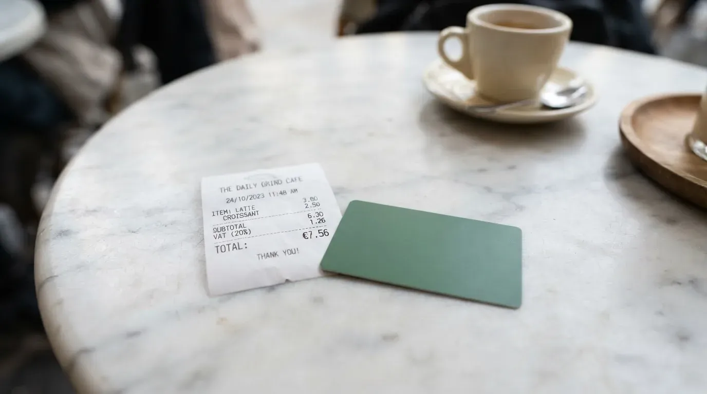 A receipt and a card on a café table